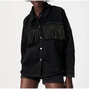 Zara Women Black Silver Studded Fringe Long Sleeve Shirt Size 11-12